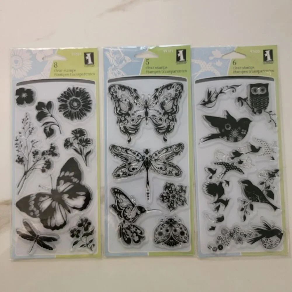Inkadinkado Clear Stamps Birds, Butterflies & Flowers LOT of 3 Sets - 19 Stamps